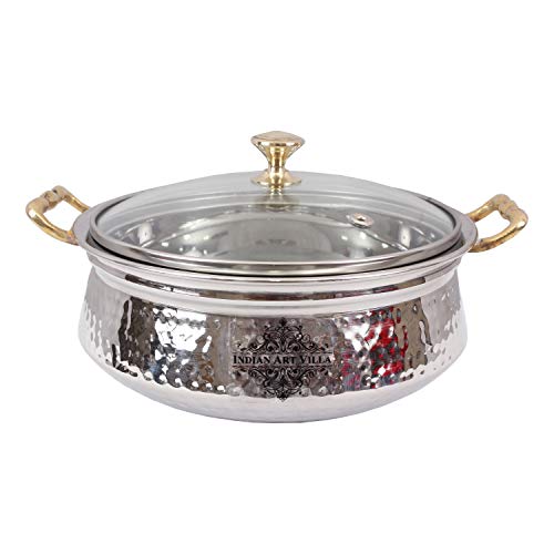 Indian Art Villa Stainless Steel Hammered Design Handi/Bowl/Casserole with Toughened Glass Lid & Brass Knob & Handles, Volume-400 ml, Pack of 2