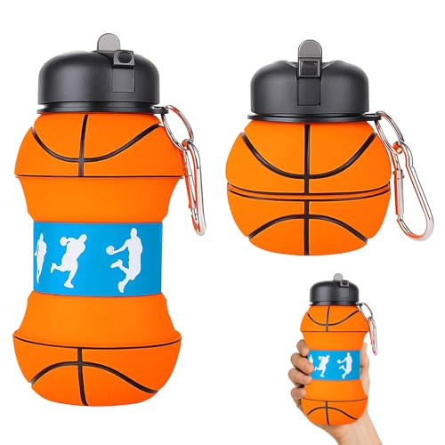 Huybaa Garrafa de água dobrável de basquetebol para crianças, cantil infantil sem BPA, 500 ml, presente original e portátil para desportos