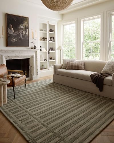 Image of Modern (High Low Pile) Pattern Wool Carpet with Loop Texture Yarn Anti Shedding Carpet Size 5x8 Feet B0 Olive Green Color