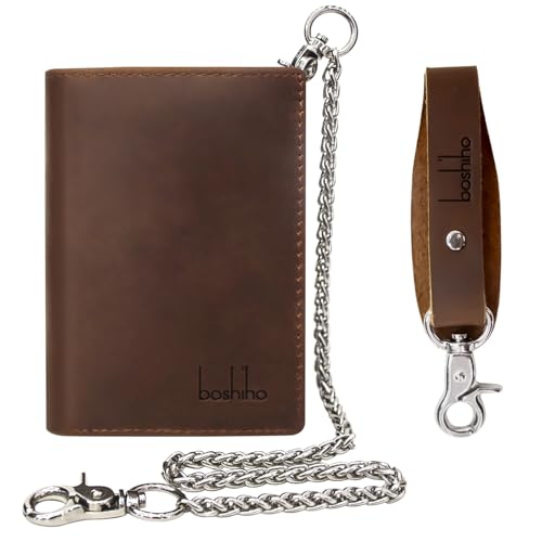 boshiho Mens Wallet with Chain, Crazy Horse Leather Trifold Wallet, RFID Blocking, Anti-Theft Chain for Men, Biker, Motorcycle