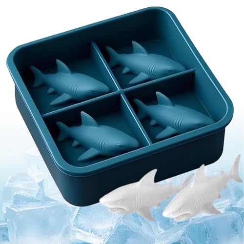 Bandeja de cubo de hielo 3D Shark Shape Moldes de hielo 4 Cavidades Nonshides fáciles de liberar moldes de silicona para cócteles y jugo de whisky casero