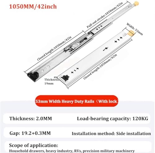Heavy Duty Drawer Slides,1 Pair of 250LB Full Extension Side Mount Ball Bearing Drawer Rails with Lock for Tool Box Glides Furniture Cabinet Drawer Runners(1350mm/54inch)