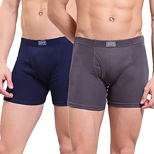 Zoiro Men's Solid Soft Cotton Classic Long Trunk (Dark Denim & Smoked Pearl_Large, Pack of 2)