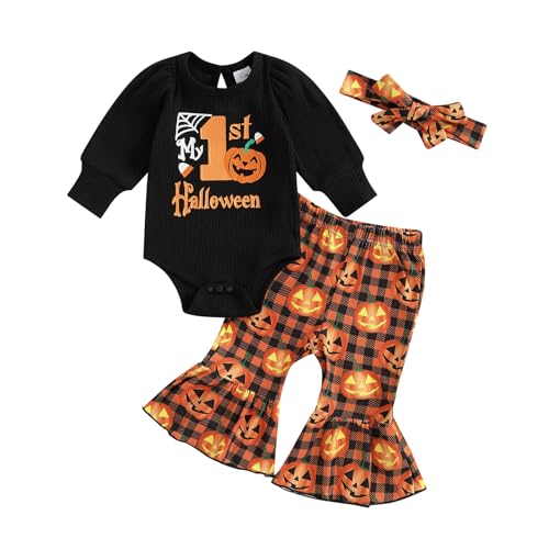 My 1st Halloween Baby Girl Outfit Puff Long Sleeve Ribbed Knit Romper Top Flare Pants Headband 3 Piece Set