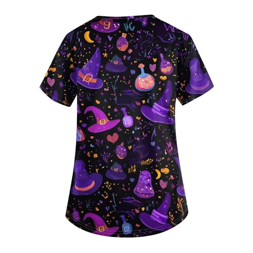 OIOLOYJM Halloween Christmas Scrub Tops Women Printed V Neck Short Sleeve Plus Size Scrubs for Womens Shirts with Pockets