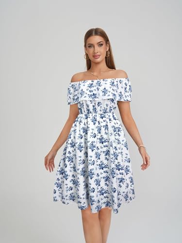 Image of Womens Off Shoulder Ruffle Floral Wedding Guest Dresses A Line Shift Short Skater Dress