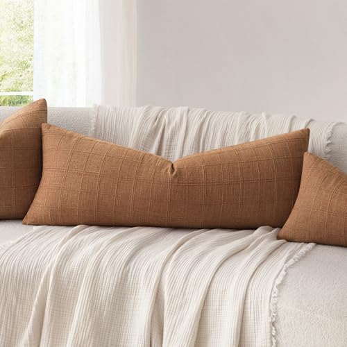 Image of Foindtower Set of 1 Decorative Linen Check Throw Pillow Cover Neutral Farmhouse Lumbar Cushion Cover Soild Modern Boho Home Decor for Sofa Chair Couch Bedroom Living Room,14x36 Inch,Orange