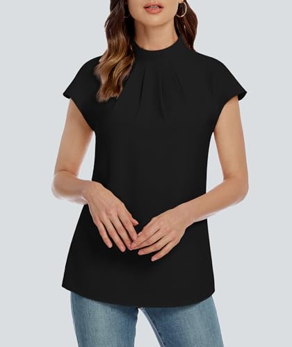 Image of Funlingo Womens Summer Tops Mock Neck Short Cap Sleeve Blouses Business Casual Work Chiffon Shirts Front Pleated Tunic Top