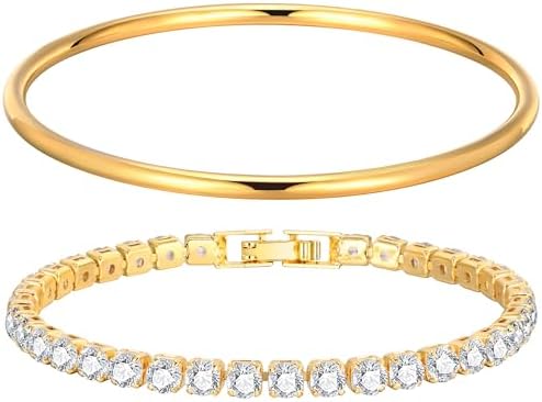 Womens Gold Bracelets Bangle Jewelry - 14K Gold Plated Bracelet,Stainless Steel Stackable Bangles Bracelet Non Tarnish, Cute Cubic Zirconia Bracelet Set Trendy Gift,Christmas Birthday Gifts for Her