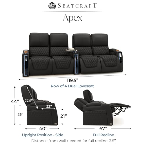 Image of Seatcraft Apex Black Italian Leather Home Theater Seating, Zero Gravity Power Recliner Chair, Powered Headrest and Lumbar Gaming and Lounge Sofa Furniture for Cinema Room, Row of 4 Dual Loveseats