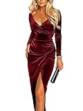 ZileZile Women's Sexy Long Sleeve Ruched Dress Velvet V Neck Cocktail Party Evening Club Maxi Dress WineRed