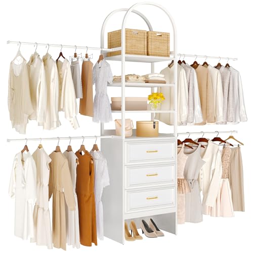 DWVO-Closet-Organizer-System-with-Drawers-Heavy-Duty-Arched-Closet-System-with-4-Expandable-Hanger-Rods-4-Shelves-and-3-Drawers-Adjustable-Walk-In-Garment-Rack-for-Bedroom-Cloakroom DWVO Closet Organizer System with Drawers Heavy Duty Arched Closet System with 4 Expandable Hanger Rods 4 Shelves and 3 Drawers Adjustable Walk In Garment Rack for Bedroom Cloakroom
