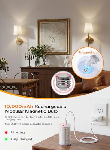 Image of CLOUDY BAY 10000mAh Battery Operated Wall Sconces,Up to 100 Hours with Rechargeable RGB Dimmable Magnetic Bulb,Cordless Wall Lighting Fixtures with Remote for Bedroom,Soft Gold,2 Pack-18inch