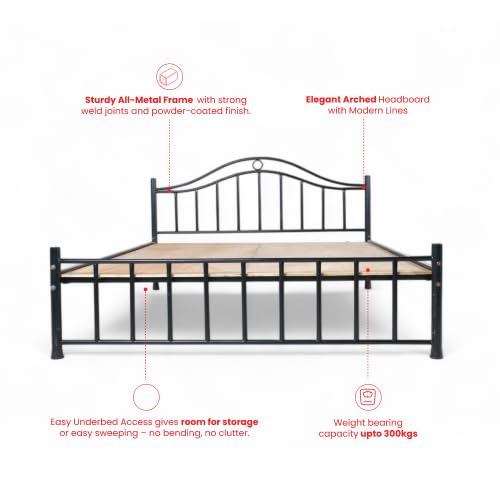 Image of NEUDOT RM Napster Metal Queen Bed Frame - Heavy Duty All-Metal Platform Bed - 200kg Weight Capacity, Powder-Coated Finish, Curved Headboard - Modern Minimalist Bedroom Furniture, Black Finish
