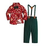 Diseño festivo para las fiestas: Camisa de manga larga para bebé con motivos de renos, bastones de caramelo, regalos y hojas, combinada con una bonita pajarita. Los pantalones son de color liso y cuentan con tirantes extraíbles y ajustables en longitud. Crea un ambiente navideño clásico y es ideal para todo tipo de celebraciones.