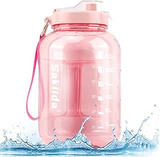 2.2 Litre Half Gallon Big Water Bottle With Removable Straw & Handle & Strong Strap - BPA Free Large Motivational Water Jug With Time Markings For Gym Sports Workout 2.2L (RedM)