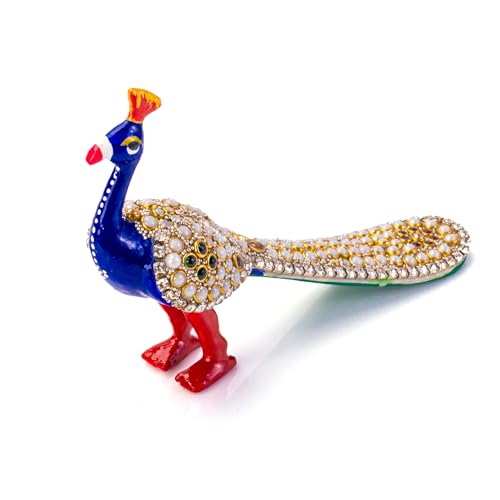 Tarini Gallery Minakari Metal Figurine Traditional Indian Festive Décor Statue Sculpture Decoration for Home Office Party and Gifting (Blue Studded Peacock)