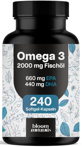 Omega 3 Kapseln hochdosiert 2000mg Fischöl - 240 Softgel-Kapseln - davon 660 mg EPA und 440 mg DHA - Unterstützt die Gesundheit von Herz, Gehirn und Augen* - Produziert in Deutschland 1