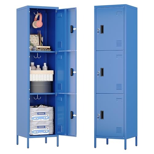 Image of Aobabo 16 inch W 3 Door Metal Storage Locker with Lock, 66 inch H Steel Locker with Name Card Holder and Metal Leg for School, Home, Office, Playroom, Assembly Required, Blue