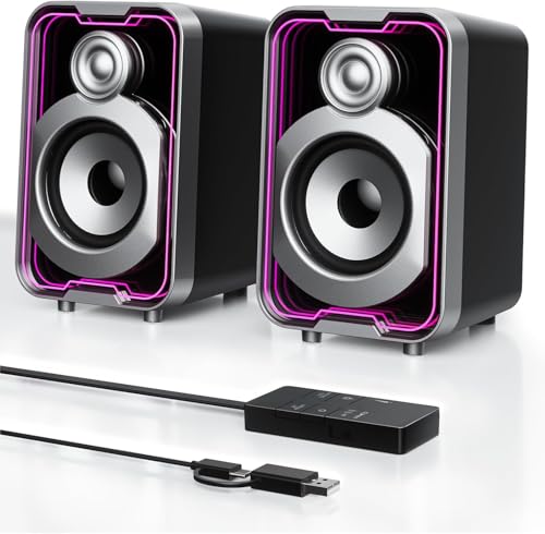 SOULION 2.0 Computer Speakers, 10W USB-Powered Bluetooth Wired PC Speaker with Easy-Control Pod for Desktop, Tiny Desk Soundbar with 5 Mirror-Like LED Light Modes for Monitor Laptop Gaming Music Black
