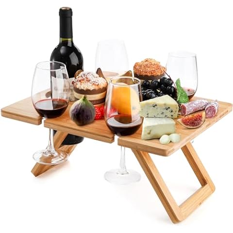 Youeon Portable Wine Picnic Table with 5 Wine Glasses Holder, Foldable Champagne Picnic Snack Table, Wine and Cheese Table for Picnic, Camping, Park, Beach, Wine Lover Gift Cover