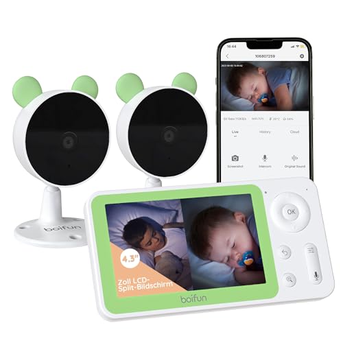 BOIFUN Babyphone mit 2 Kameras und App, Split-Screen-Ansicht, Bewegungs/Geräuscherkennung, 4×Zoom, 4,3' 1080p WLAN Babyfon, VOX Modus, Fütterungserinnerungen, Zonenalarme, Wiegenlied, 300m Reichweite