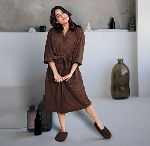 Image of Sassoon Venir Microfiber Bathrobe with Slippers for Men & Women, Unisex Luxury Bathrobe Towel, Spa Robe Combed (Pack of 1) - Cocoa Color