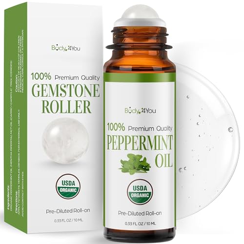 Peppermint Essential Oil Roll On for Nausea Relief Morning Sickness Pregnancy - 100% Pure USDA Organic MCT Coconut Oil - Headache Migraine Pregnant Women Safe Cooling - Gemstone Roller 10ml Travel