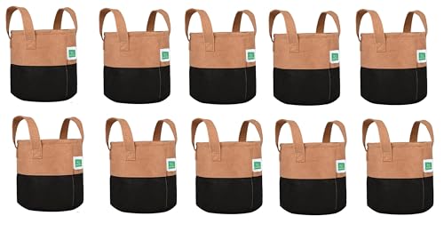 GREENSHEEP Geo Fabric Grow Bags UV Treated Gardening Cotton Pots Terrace Indoor Outdoor Home Balcony Nursery Leafy Vegetable Fruits and Flower (Black & Brown Round 400 GSM Size 6x6 Pack of 10)