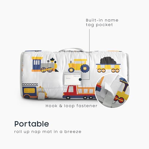 Image of Wake In Cloud - Toddler Nap Mat with Pillow and Minky Fleece Blanket, for Kids Boys Ages 3 Plus in Daycare Preschool Kindergarten, Roll Up Sleeping Bag, Planes Trains Trucks