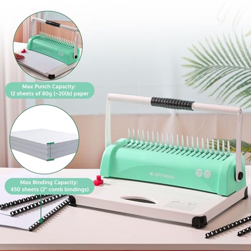 Image of OFFNOVA Binding Machine, 21-Hole 450 Sheets Paper Comb Binding Machine for Letter Size / A4 / A5 Paper, Easy to Punch Handle, Adjustable Margin, Book Binder with 100 PCS 3 /8'' Comb Binding Spines