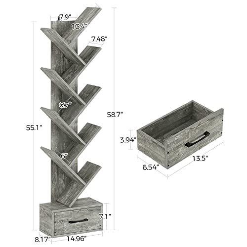 Rolanstar Bookshelf With Wooden Drawer, 9 Shelf Tree Bookshelf, Modern Book Storage, Free Standing Tree Bookcase, Utility Organizer Shelves For Home Office, Living Room, Bedroom, Light Grey #TOP2