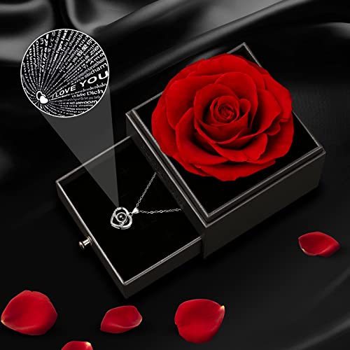 Eeuwigdurende Roos Gift Box met "I LOVE YOU" Necklace in 925 Sterling Silver, Mishukaze Echte Bewaarde Roos Box Gifts voor haar voor Valentijnsdag/Verjaardag/Moederdag/Verjaardag (Rood) - Afbeelding 4