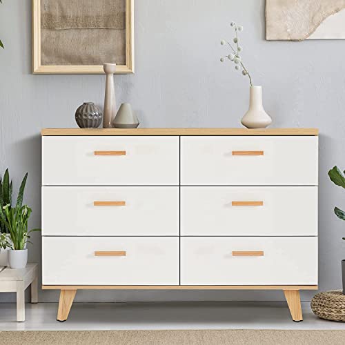 Image of Goujxcy Modern 6 Drawers Dresser, Wooden Double Dresser Chest of Drawers, Storage Dresser Cabinet Organizer Unit with Wood Legs for Bedroom Closet, Living Room, Kids Room
