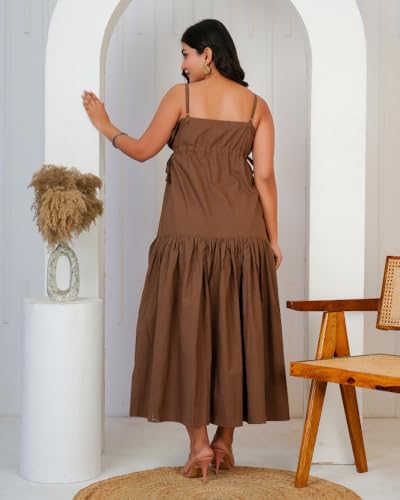 Image of Brown Strappy Maxi Dress, Tiered Flared Silhouette, Square Neck, Drawstring Waist