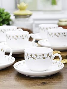WHITE GOLD Porcelain Cup Saucer Set with Real Gold Design (Set of 12 Pcs)