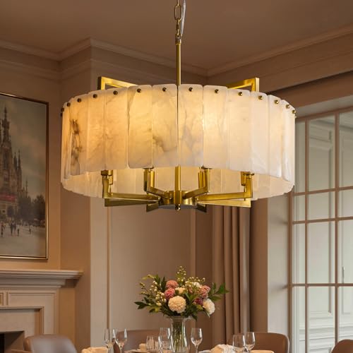 SNZ Alabaster Chandelier Modern Marble Round Pendant Light Natural Spanish Alabaster Ceiling Light Adjustable Dimmable 78 Gold Chandeliers for Dining Room Living Room Kitchen Island D24in