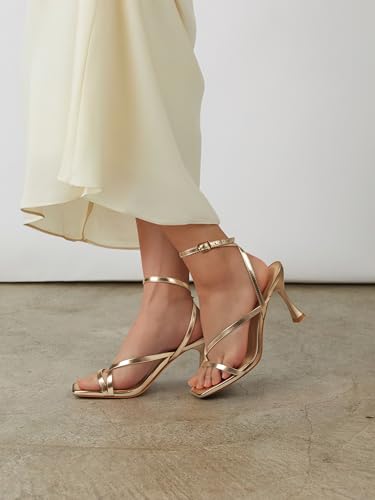 Image of Women's Strappy High Heels Sandals Square Open Toe Ankle Strap Slingback Thong Stilettos Shoes for Wedding