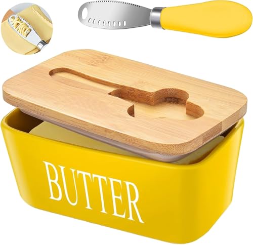 Image of Ceramic Butter Dish with Wooden Lid, Airtight Butter Keeper for Counter or Fridge with Stainless Steel Multipurpose Butter Knife, Butter Container with Double High-Quality Silicone(Yellow)