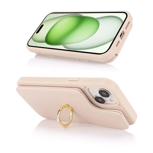 Lipvina for iPhone 15 Plus Case with Card Holder,Credit Card Holder,Ring Stand Kickstand,Flip Leather Shockproof Cute Phone Wallet Case for Women (6.7 inch,Beige)