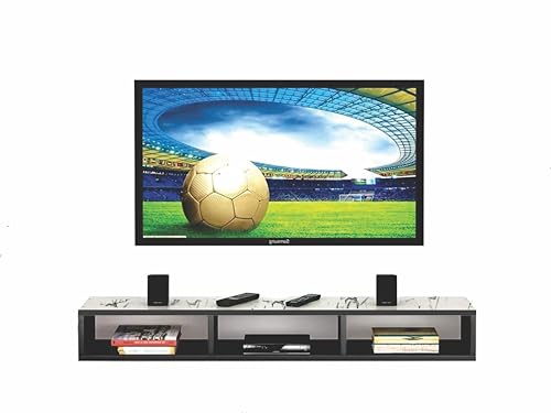 Image of Dime Store Wooden Wall Mounted Floating TV Stand /TV Entertainment Unit /TV Cabinet with Rack for Set Top Box & Decorative Objects /TV Stand for Living Room (Black and White, 32x5x8 inch)