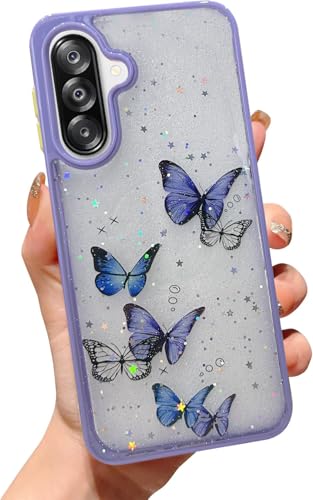 Image of VONZEE for Samsung Galaxy A26 5G Clear Glitter Butterfly Case, Cute Bling Sparkle Shiny Soft Silicone TPU Bumper Shockproof Women Girls Slim Protective Phone Cover for Galaxy A26 5G, Purple