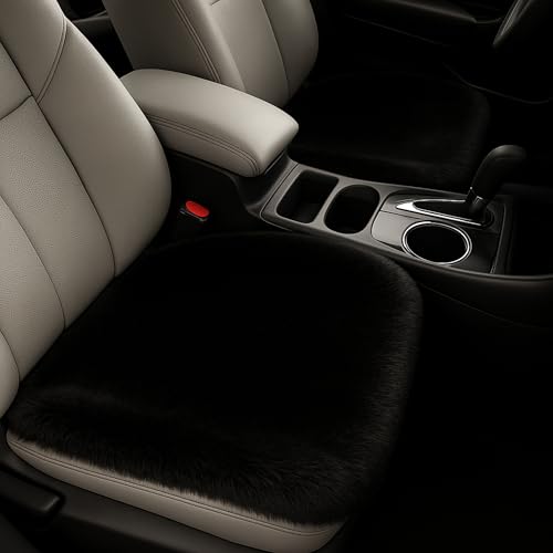 Image of Premium 3Pcs Car Seat Cover /Pad /cushions | Luxury and Soft Rabbit Fur Cover | Fluffy Plush Vehicle Protector Pad with Non-Slip Backing | Universal Fit For Most Vehicles | Colour: Black