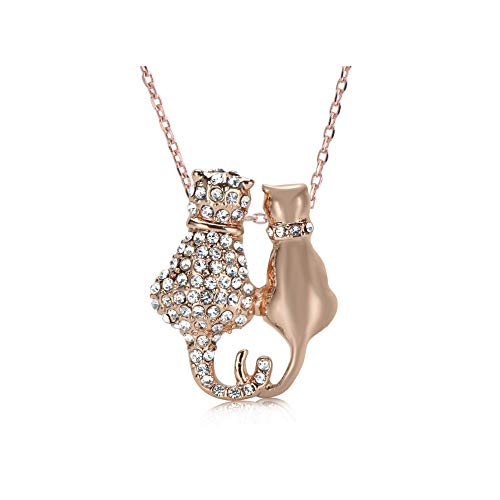 UPSERA 18K Rose Gold Plated Austrian Crystals 2 Kitty Cats Necklace, 17+2"