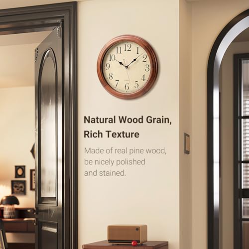 16 Inches Wooden Wall Clock with Retro Design, Large Round Wood Wall Clock with Big Arabic Numerals, Battery Operated Silent Non-Ticking Brown Clock for Living Room, Kitchen, Bedroom. - Image 5