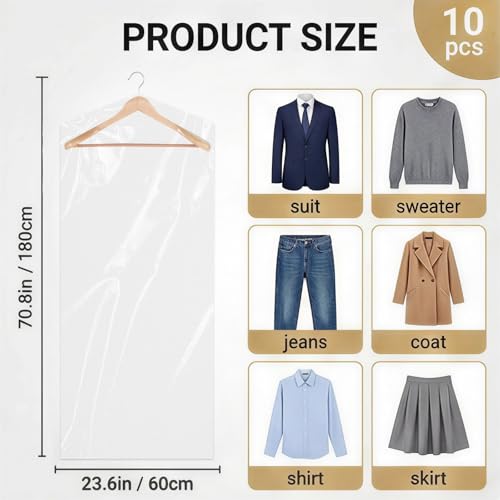 10 Stück kleiderschutzhülle Kleidersack Transparente lange Kleiderhüllen 180 cm Kunststoff Hängen Kleidersäcke Staubdicht Kleiderschutz Trockenreiniger für Anzüge Kleidung