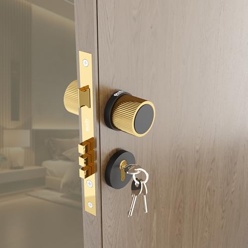 Image of GLOXY Zinc Door Knob Handle for Main Door Mortise Lock Pull Handle Left & Right Door Lock with 3 Key Lock Body & Cylinder for Office |Gold & Black Finish (2 Years Warranty, Pack of 1)