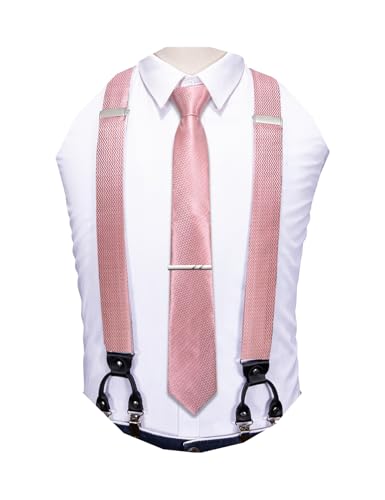 Image of Barry.Wang Men Suspender Set with Necktie Elastic Y Type Heavy Duty 6 Clips Braces Tie Handkerchief Cufflink Pin 6PCS