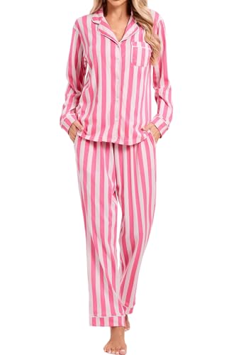 Image of LUBOT 100% Cotton Pajamas for Women Pajama Set 2 Piece PJ Sleepwear Set Soft Ladies Button Knit Long Sleeve Loungewear XS-XXL