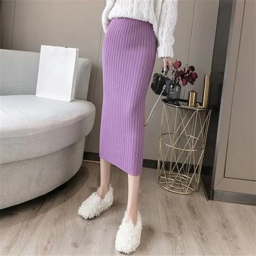 Women's Solid Elastic High Waist Split Slim Mid-Lengt A-Line Knit Bag Hip One Pace Skirt2